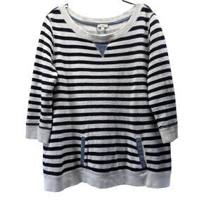 Talbots Women's Top L Black White Blue Terry 3/4 Sleeve 100% Cotton Nautical